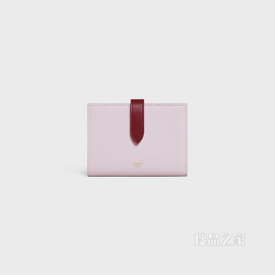 中号双色粒面牛皮革饰带钱包 牡丹红/胭脂红-24YC