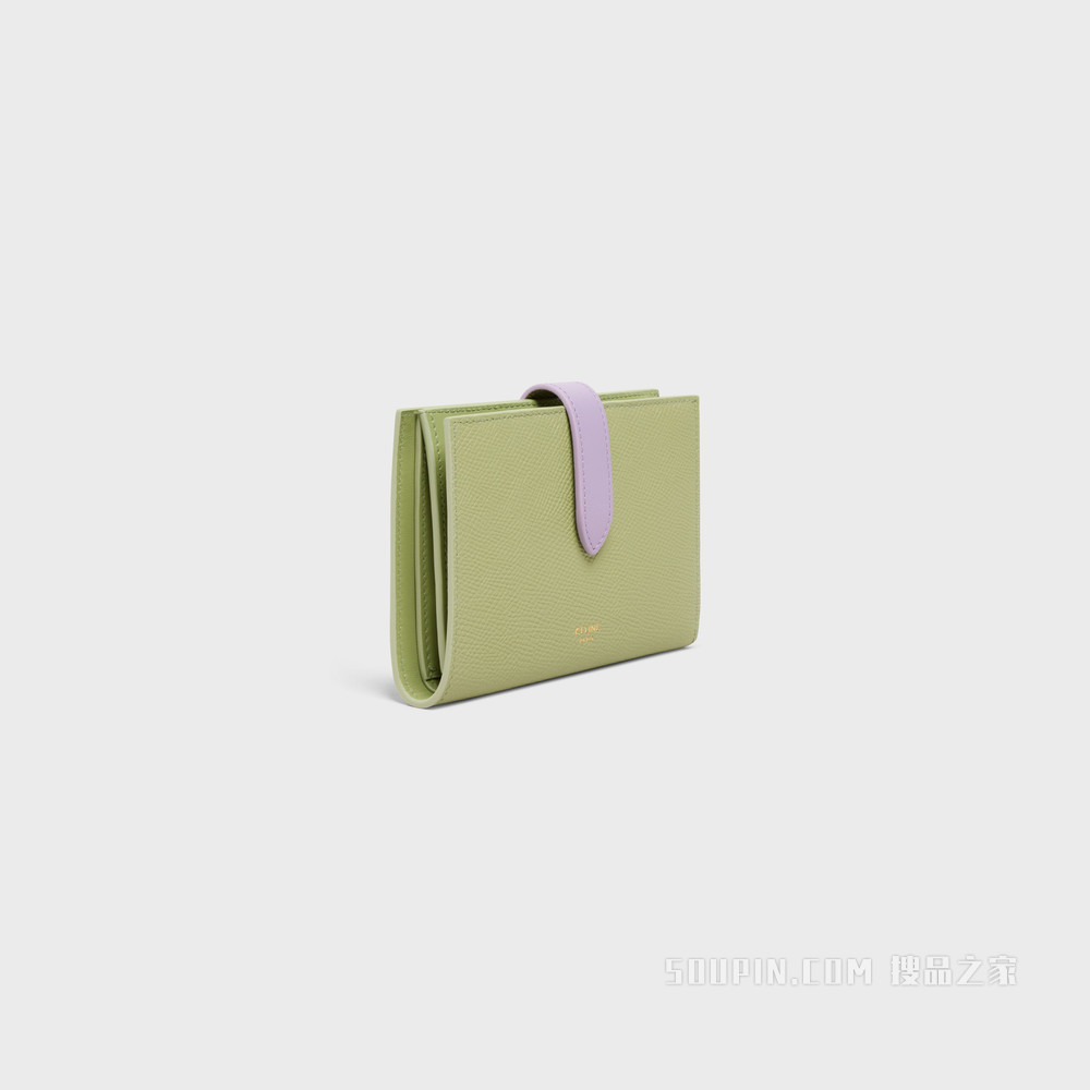 中号双色粒面牛皮革饰带钱包 鼠尾草灰/丁香紫-31SL