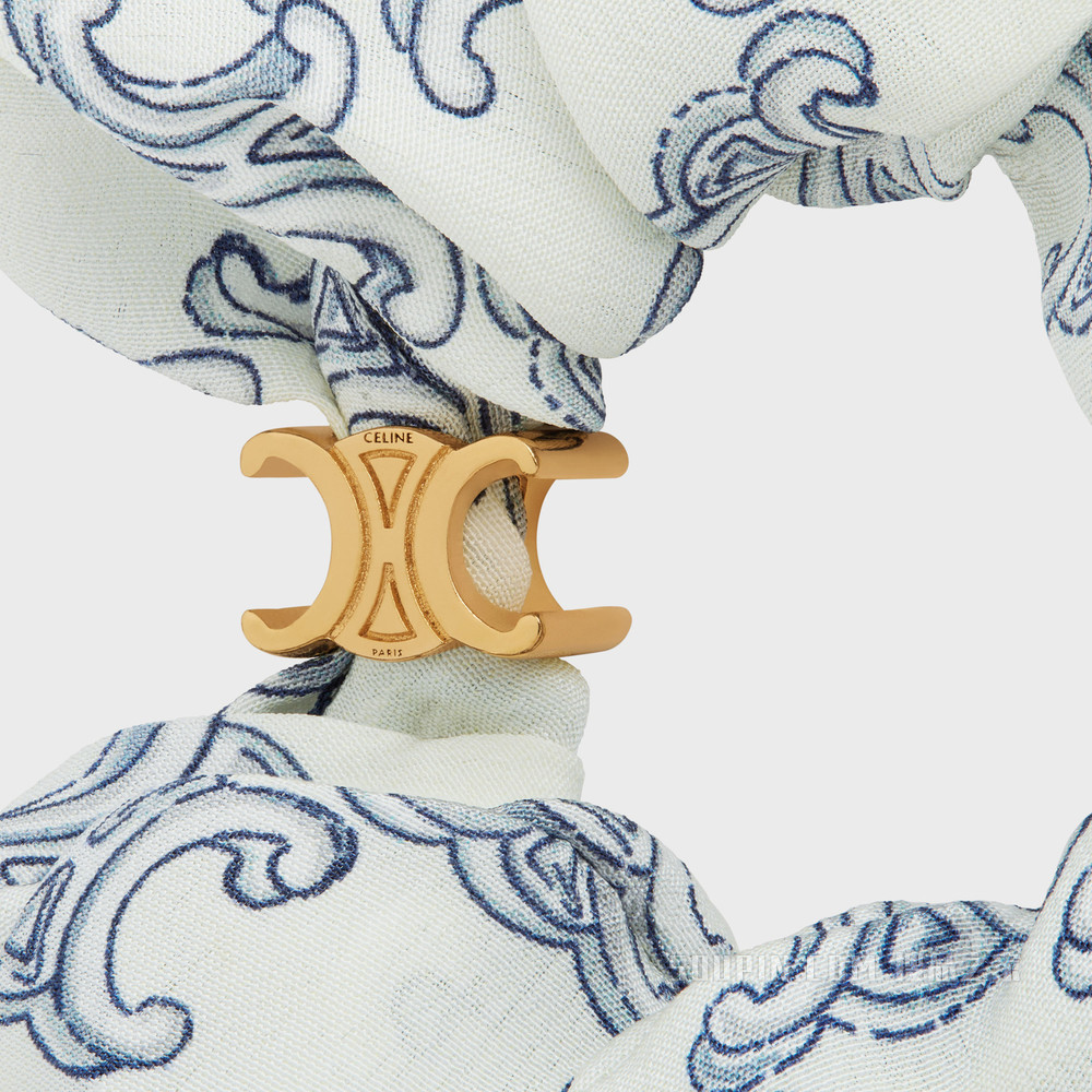 CELINE Triomphe Toile de Jouy金色饰面黄铜和白色/海军蓝桑蚕丝发带 金色 / 海军蓝-07GN