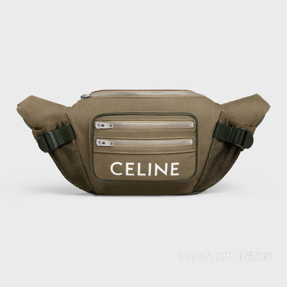CELINE印花棉质华达呢大号徒步拉链腰包 卡其绿色-15KH