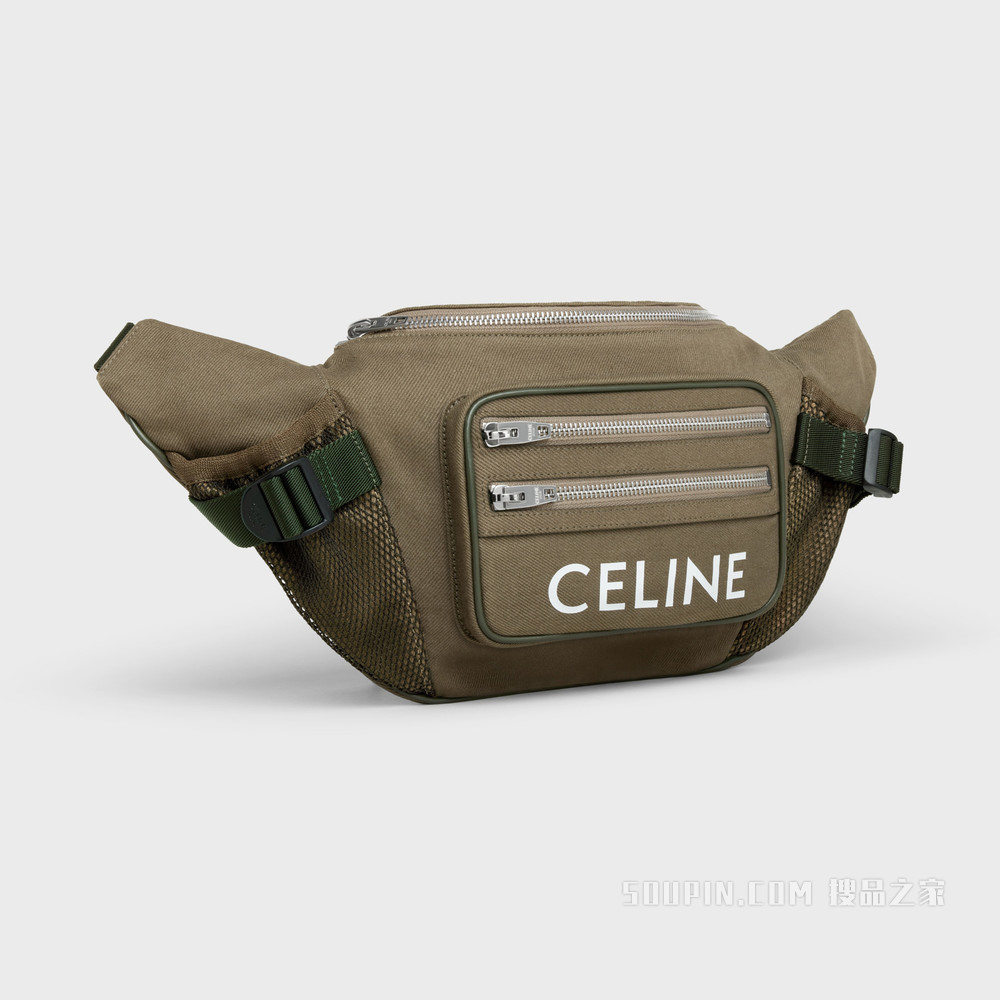 CELINE印花棉质华达呢大号徒步拉链腰包 卡其绿色-15KH