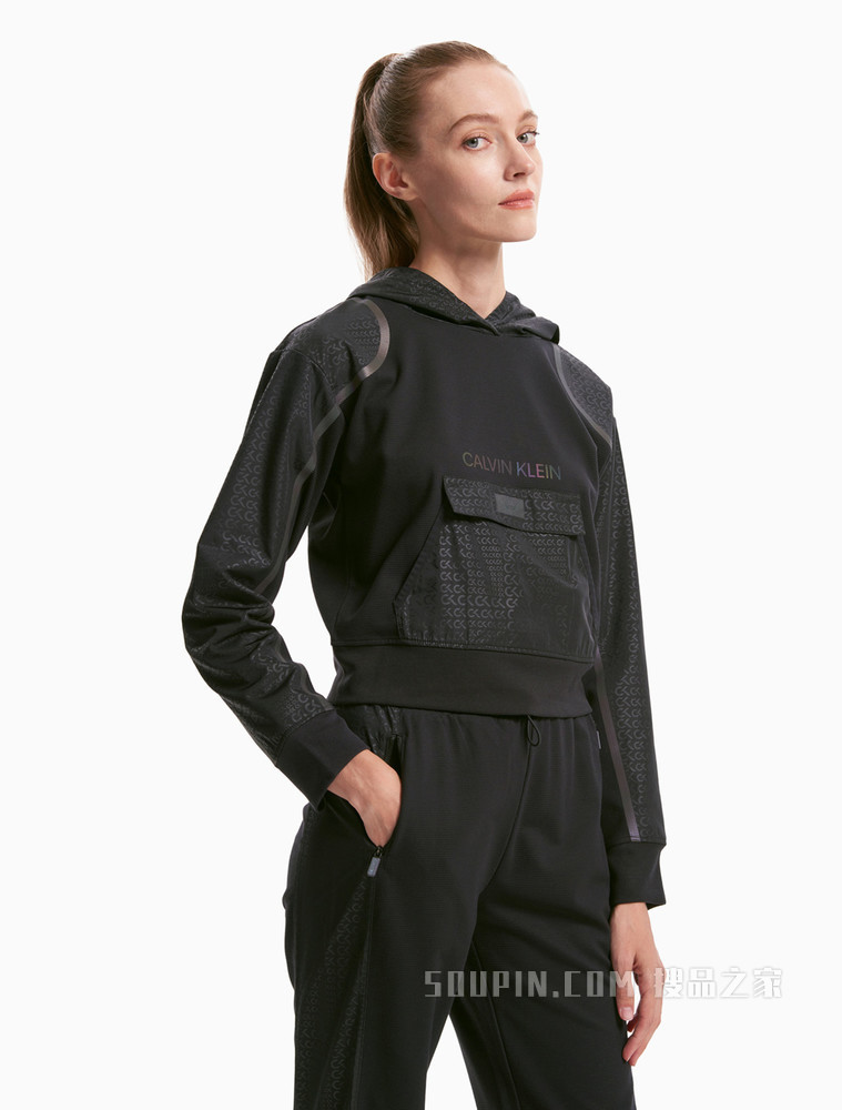 Calvin Klein 女装套头连帽反光LOGO及压条长袖运动卫衣4WF1W300