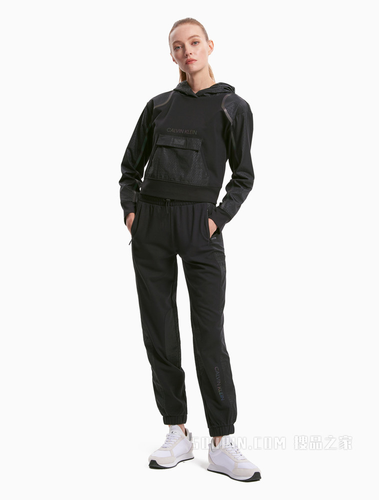 Calvin Klein 女装套头连帽反光LOGO及压条长袖运动卫衣4WF1W300