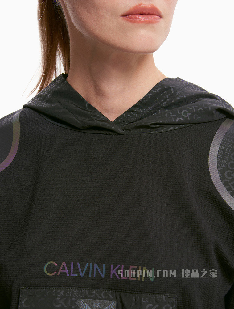 Calvin Klein 女装套头连帽反光LOGO及压条长袖运动卫衣4WF1W300