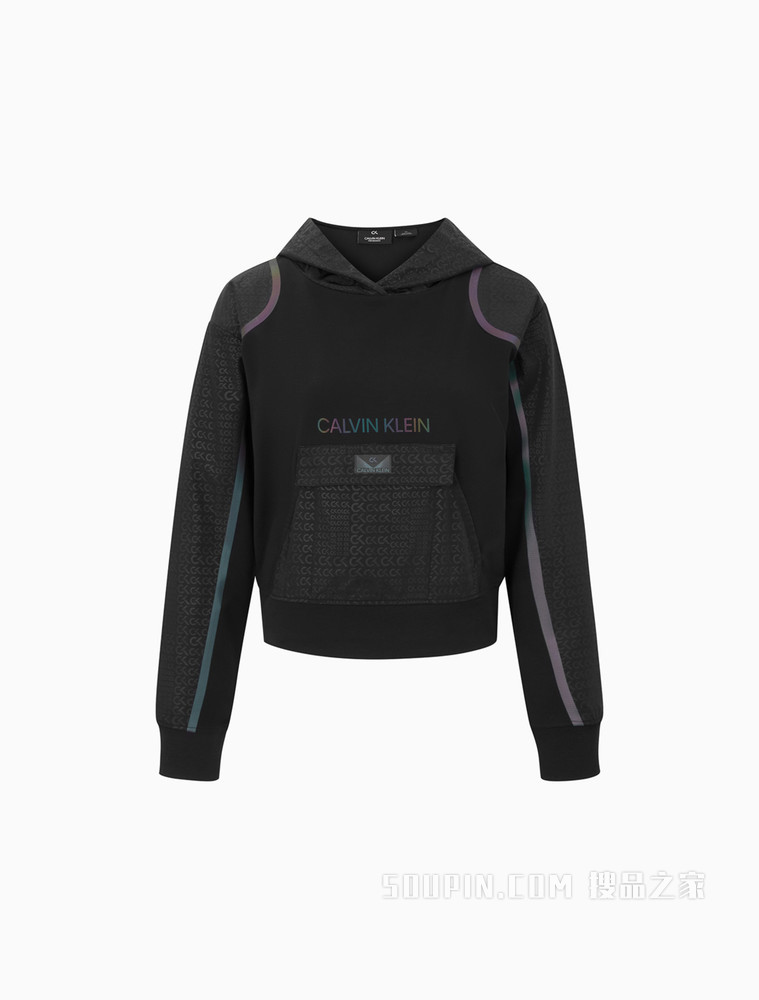 Calvin Klein 女装套头连帽反光LOGO及压条长袖运动卫衣4WF1W300