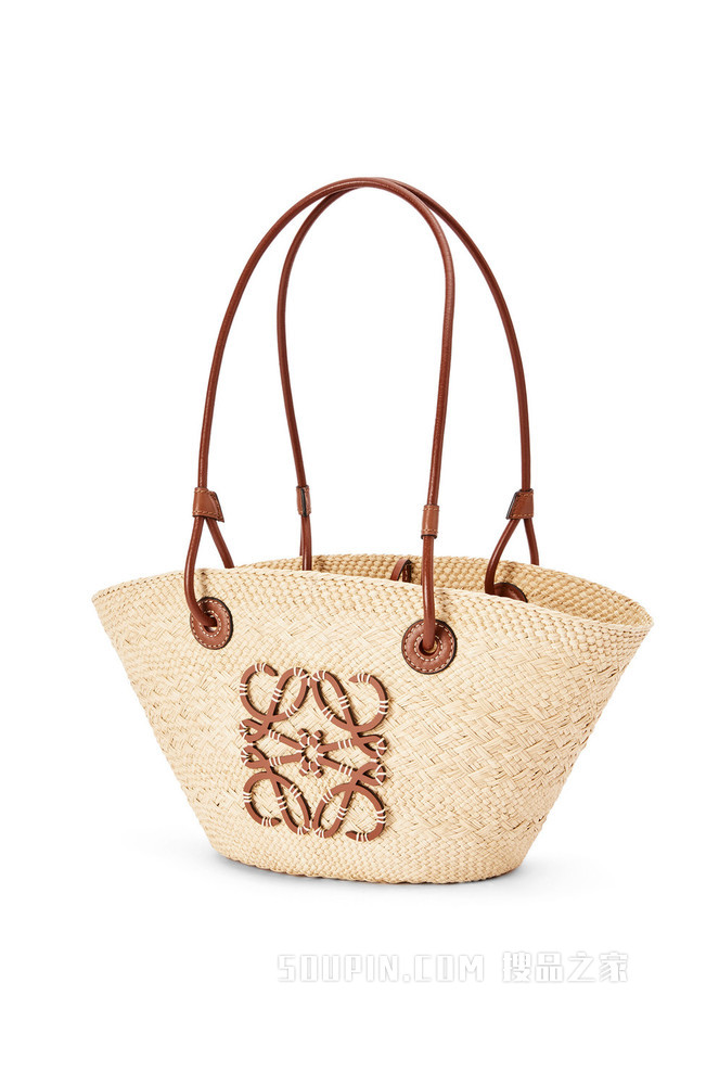 小号伊拉卡棕榈纤维和牛皮革 Anagram Basket 手袋