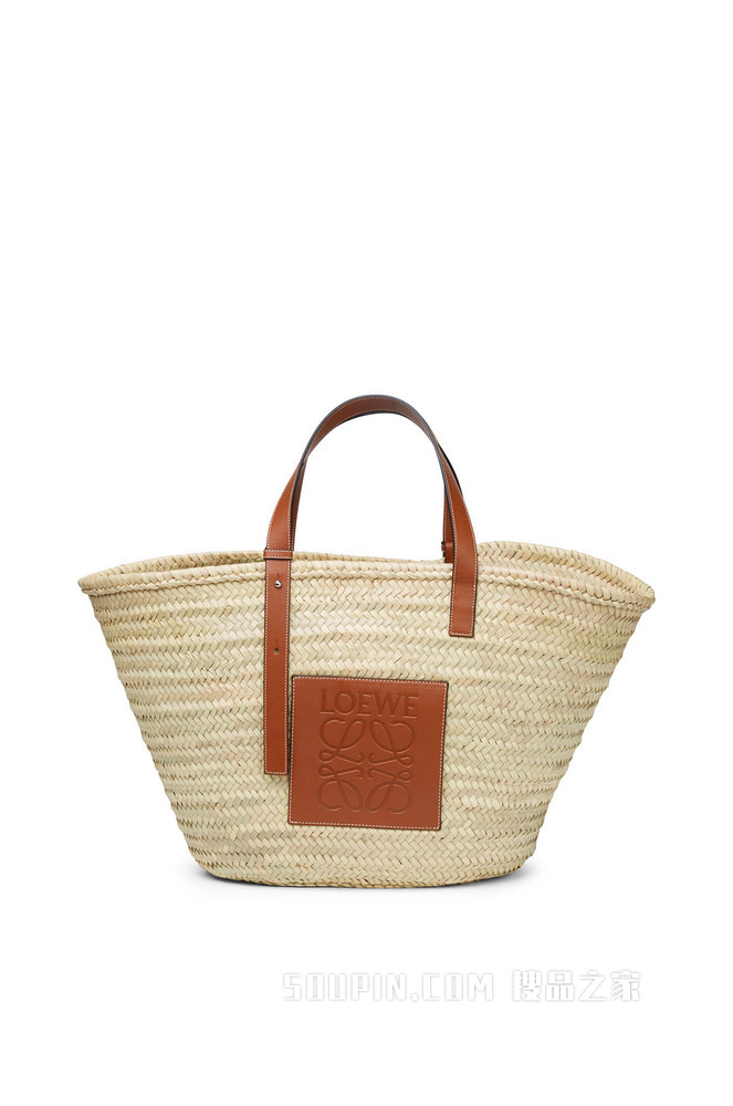 大号棕榈叶和牛皮革 Basket 手袋