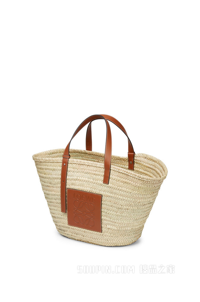 大号棕榈叶和牛皮革 Basket 手袋