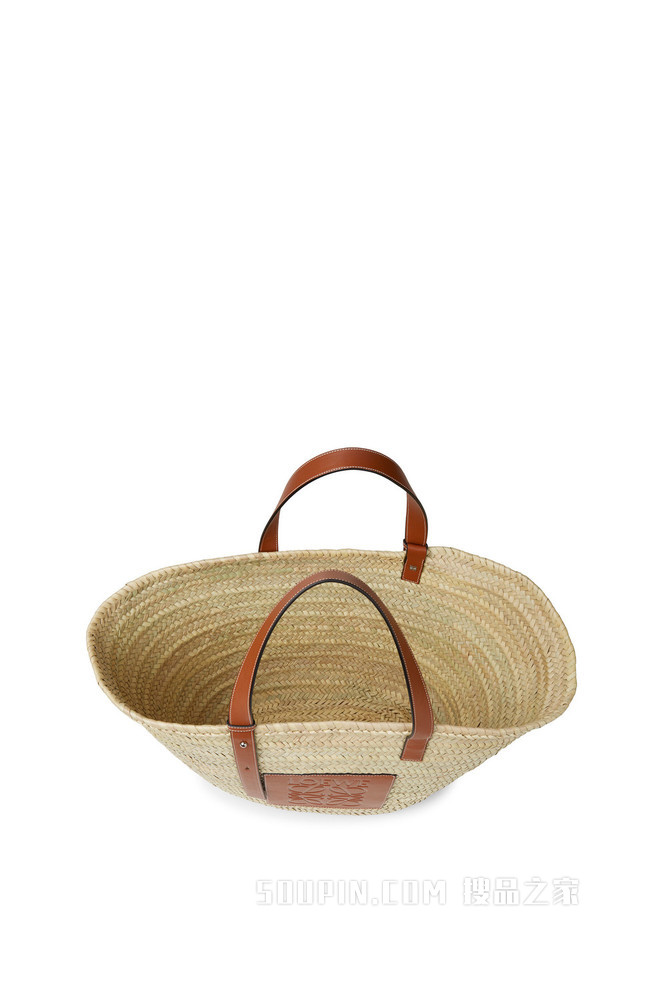 大号棕榈叶和牛皮革 Basket 手袋
