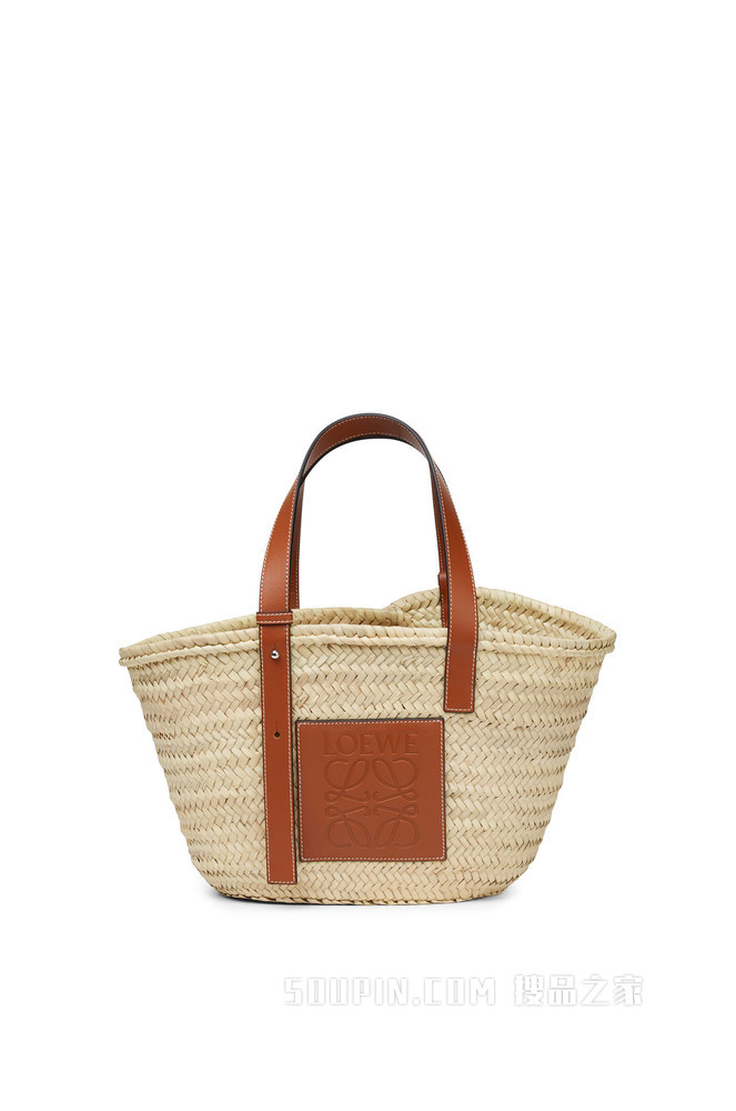 棕榈叶和牛皮革 Basket 手袋