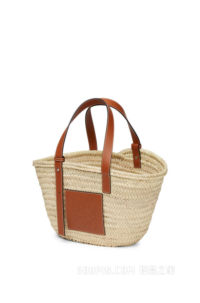 棕榈叶和牛皮革 Basket 手袋