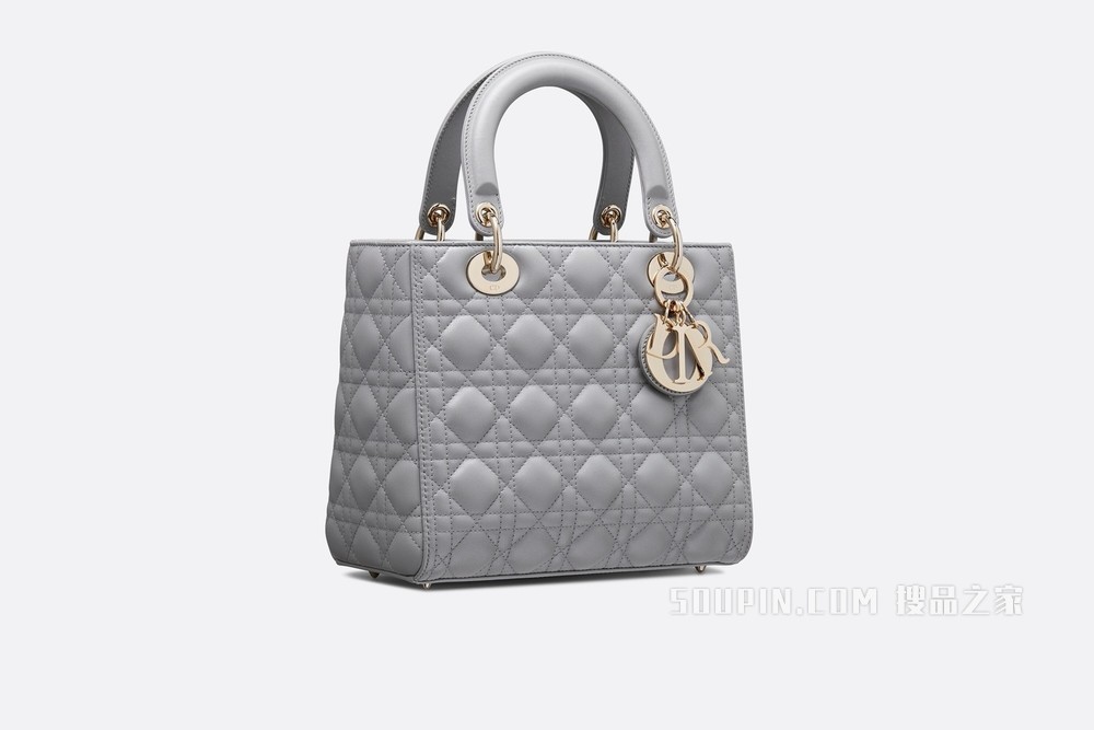 中号 Lady Dior 手袋 灰乳白色珍珠光泽羊皮革藤格纹