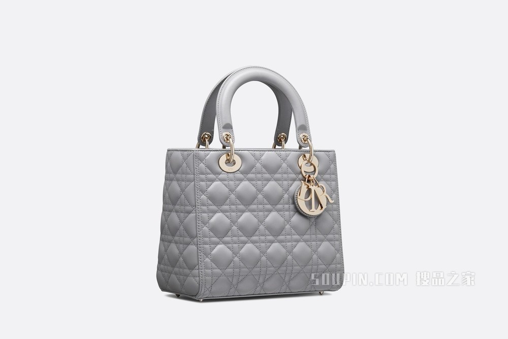 中号 Lady Dior 手袋 灰乳白色珍珠光泽羊皮革藤格纹