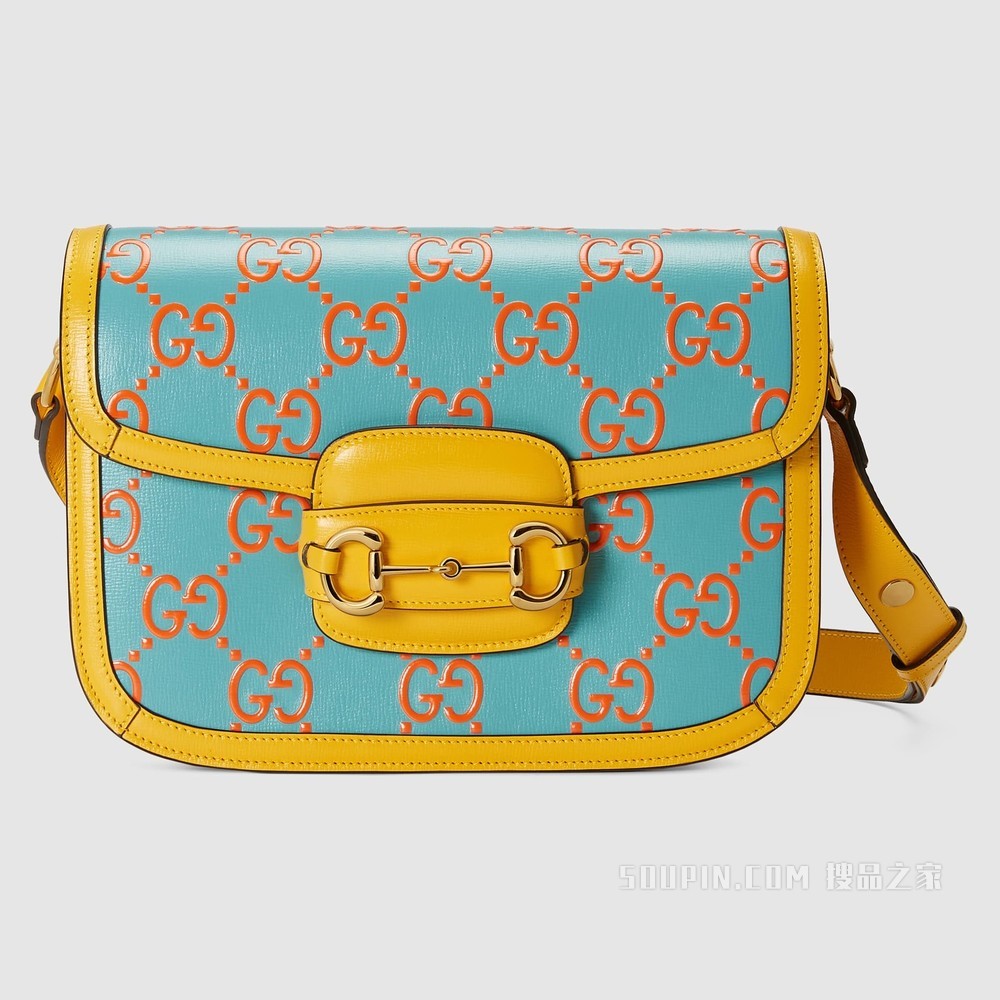 Gucci 马衔扣1955系列小号手袋 橙色和蓝色皮革