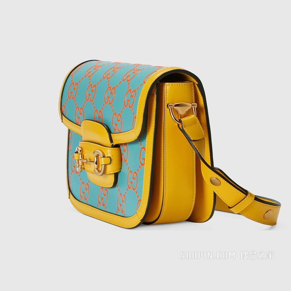 Gucci 马衔扣1955系列小号手袋 橙色和蓝色皮革