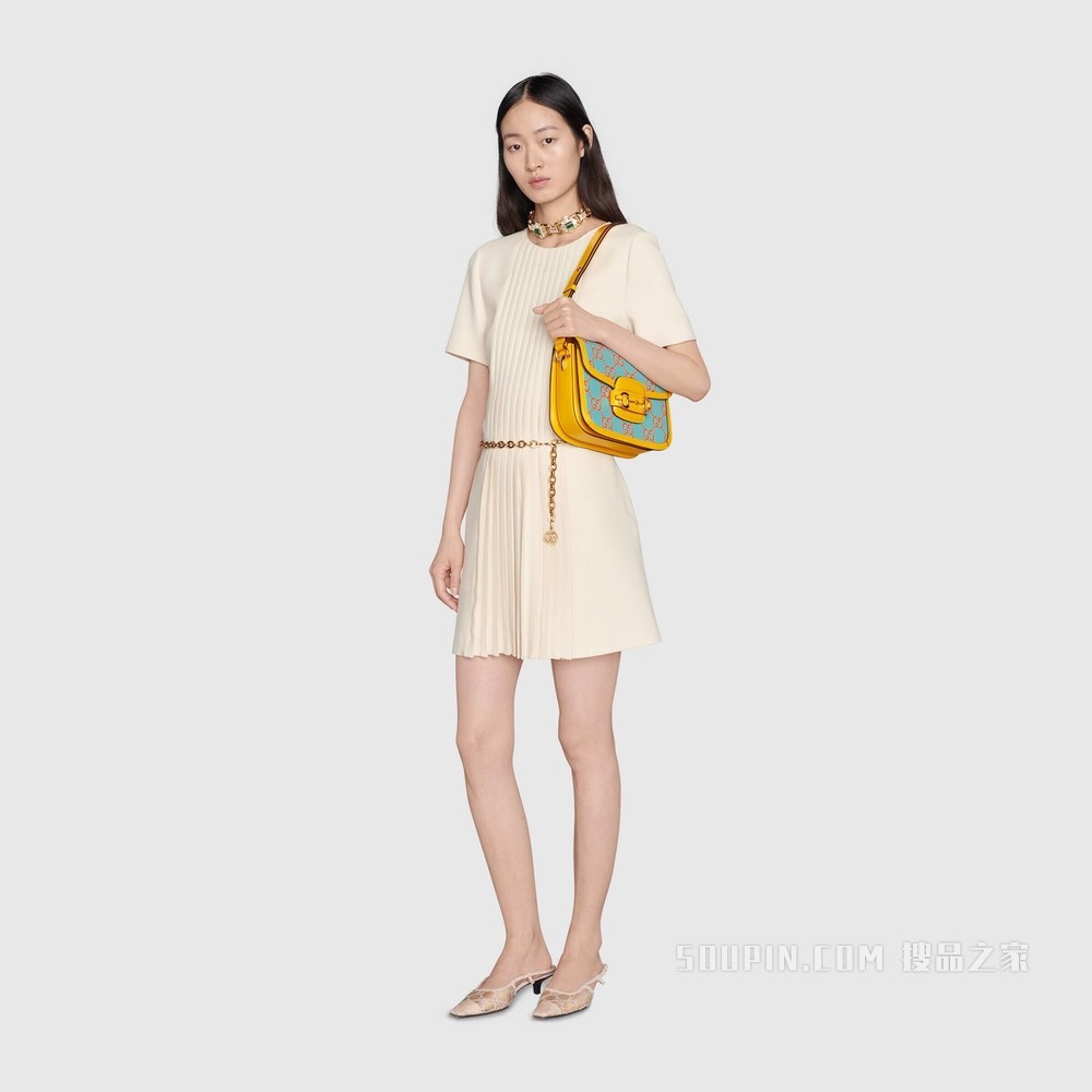 Gucci 马衔扣1955系列小号手袋 橙色和蓝色皮革