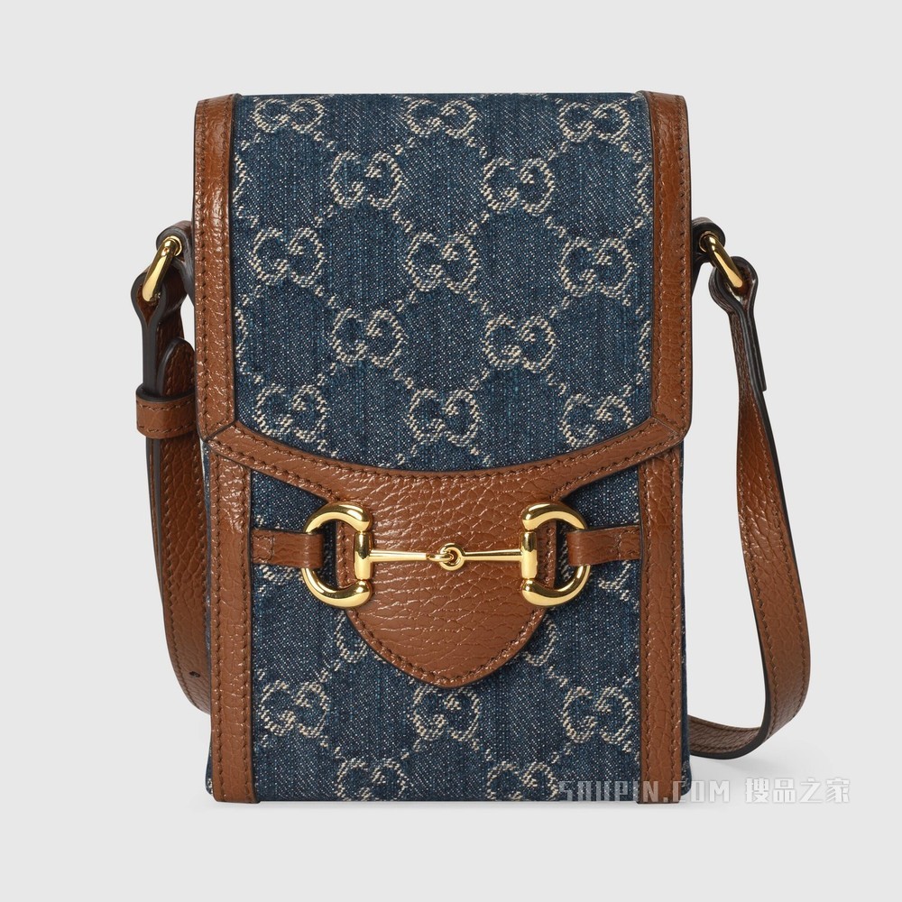 Gucci 马衔扣1955系列迷你手袋 蓝色和象牙白色GG丹宁提花面料