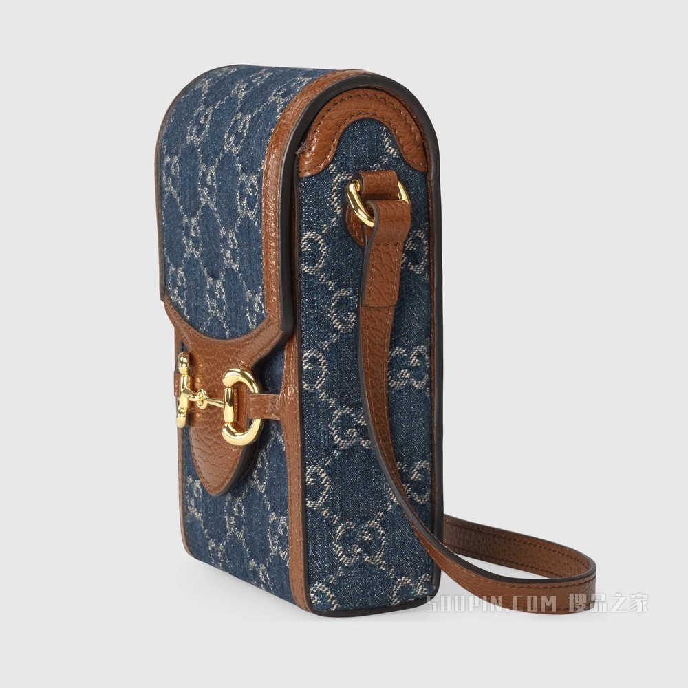 Gucci 马衔扣1955系列迷你手袋 蓝色和象牙白色GG丹宁提花面料