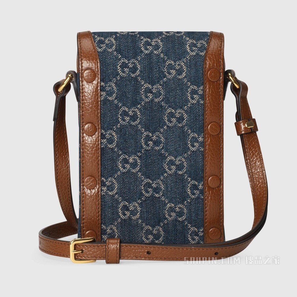 Gucci 马衔扣1955系列迷你手袋 蓝色和象牙白色GG丹宁提花面料