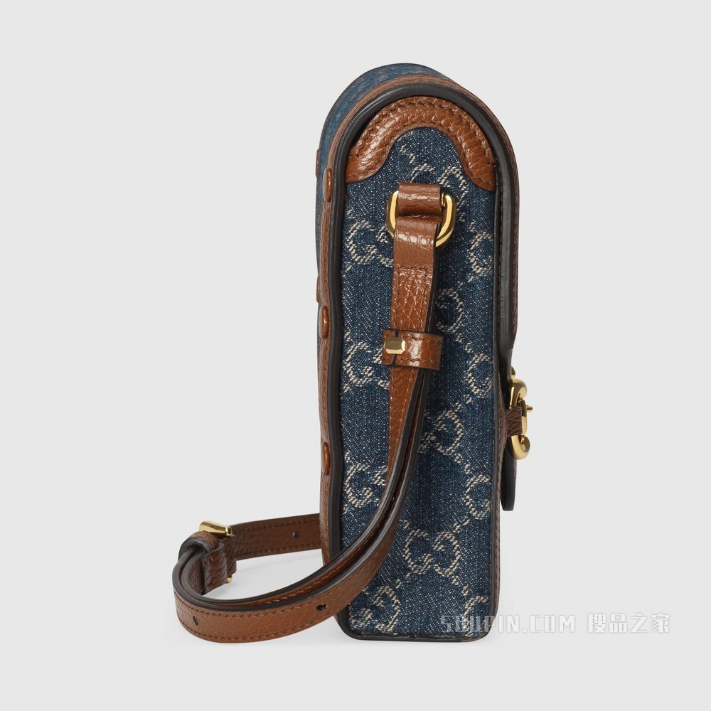 Gucci 马衔扣1955系列迷你手袋 蓝色和象牙白色GG丹宁提花面料