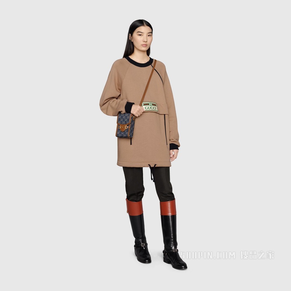 Gucci 马衔扣1955系列迷你手袋 蓝色和象牙白色GG丹宁提花面料