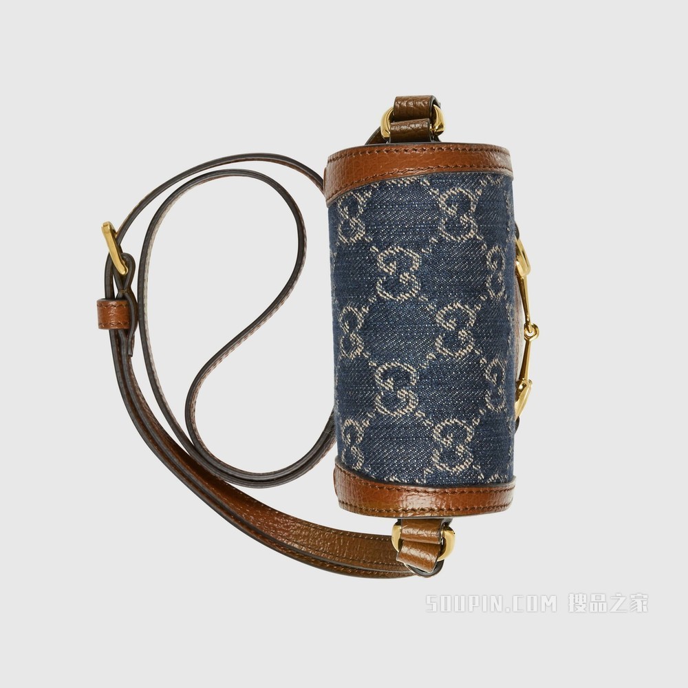 Gucci 马衔扣1955系列迷你手袋 蓝色和象牙白色GG丹宁提花面料