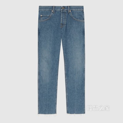 毛边裤脚弹力牛仔裤 蓝色