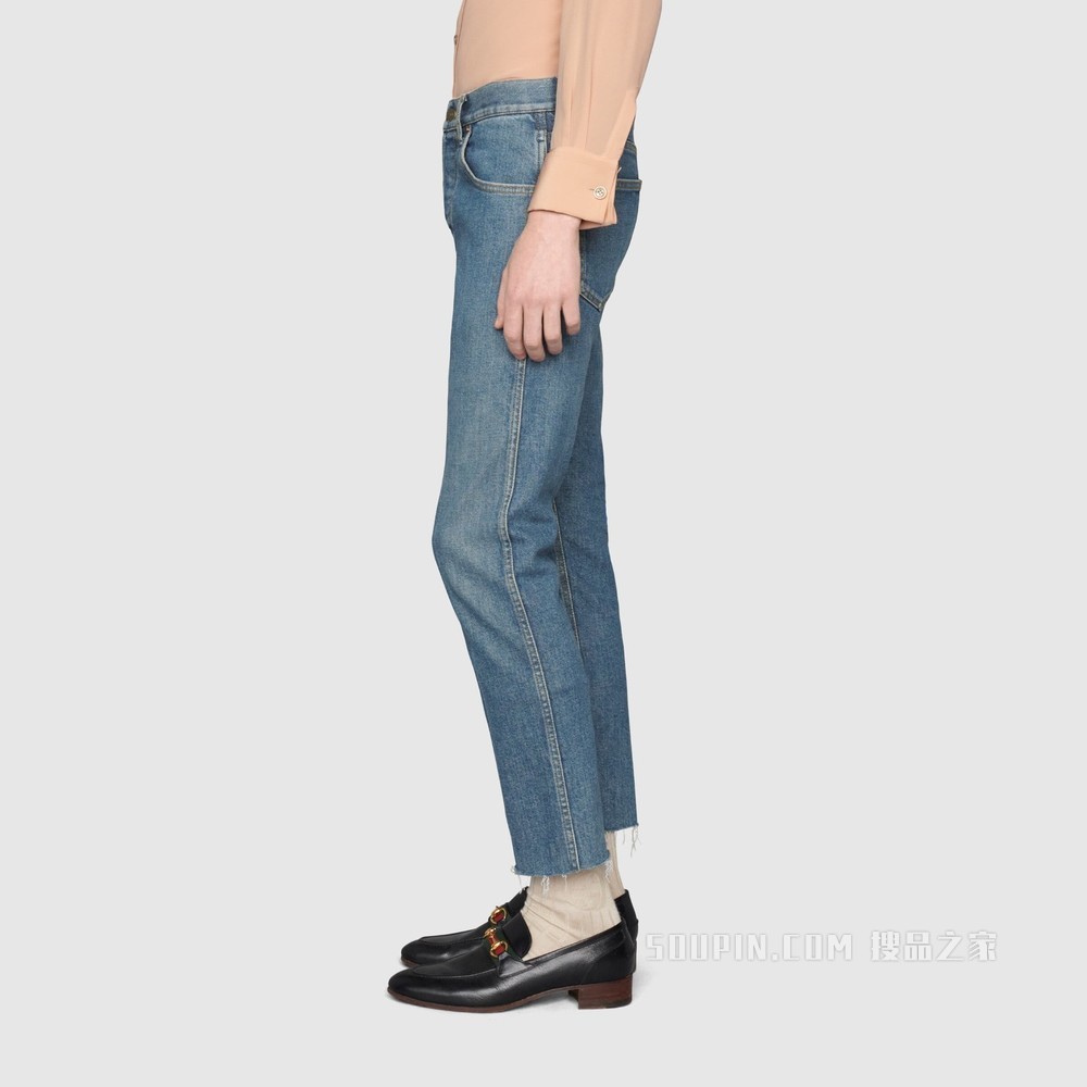 毛边裤脚弹力牛仔裤 蓝色