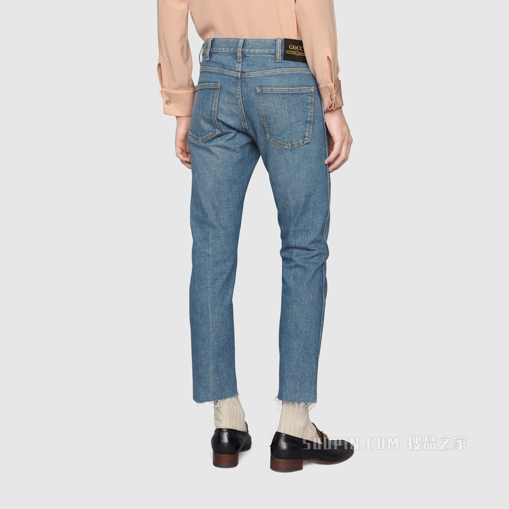 毛边裤脚弹力牛仔裤 蓝色