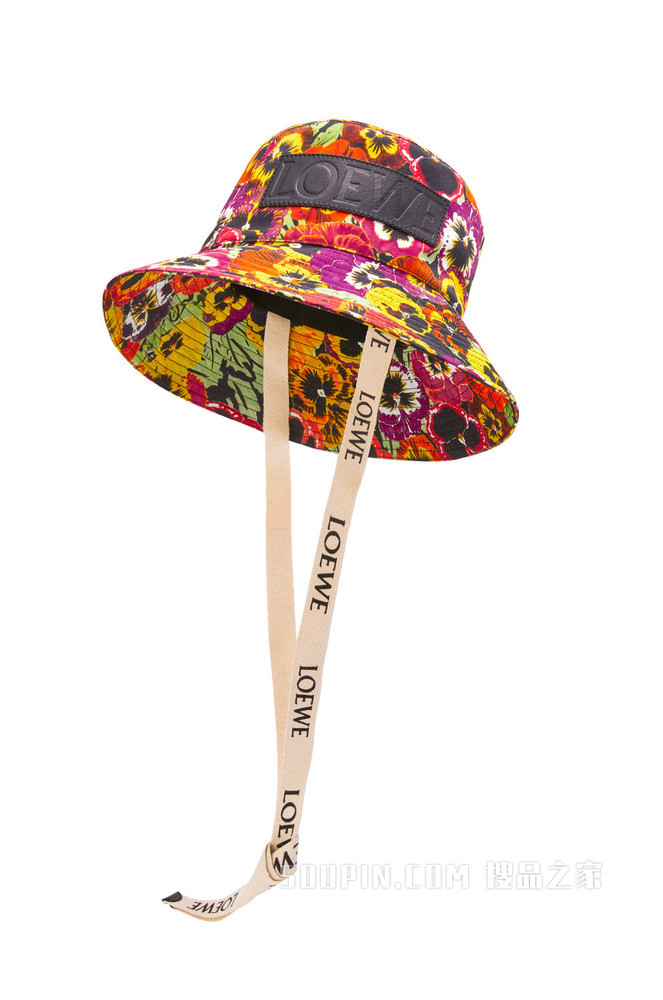 帆布和牛皮革三色堇渔夫帽