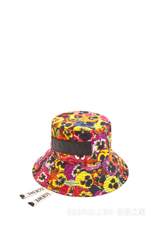 帆布和牛皮革三色堇渔夫帽