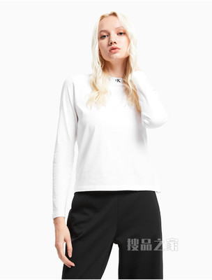 Calvin Klein 女装舒适打底圆领纯棉LOGO提花修身长袖T恤J215220