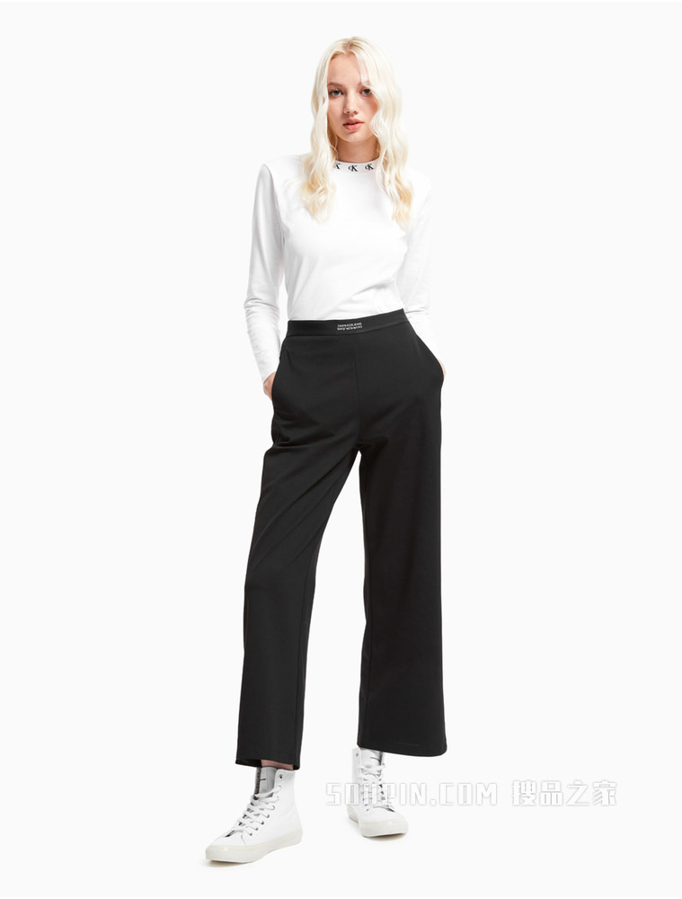Calvin Klein 女装舒适打底圆领纯棉LOGO提花修身长袖T恤J215220