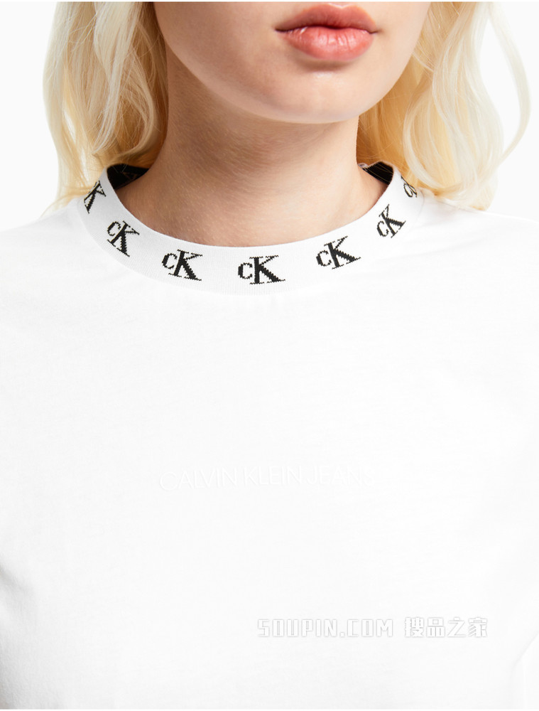 Calvin Klein 女装舒适打底圆领纯棉LOGO提花修身长袖T恤J215220