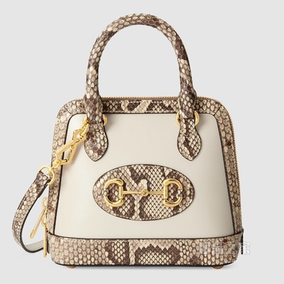中国专享Gucci 马衔扣1955系列蟒蛇皮迷你手提包 白色皮革和天然色