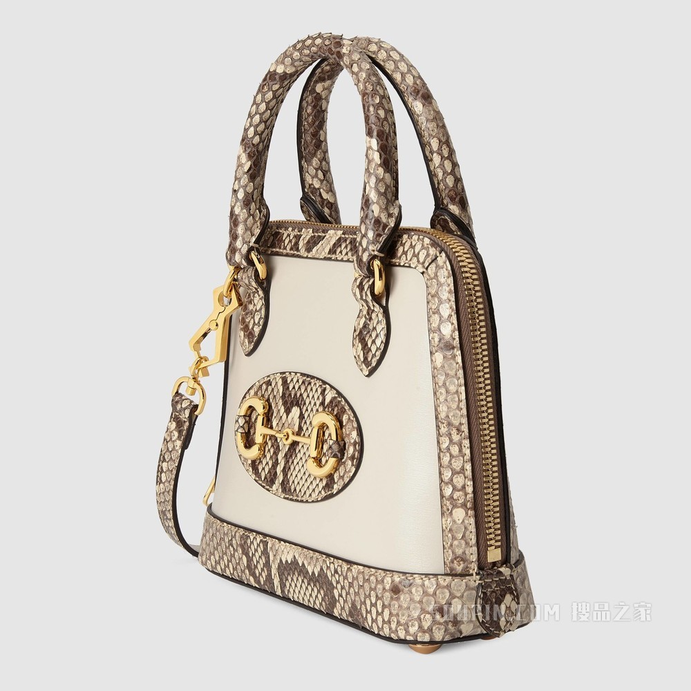 中国专享Gucci 马衔扣1955系列蟒蛇皮迷你手提包 白色皮革和天然色