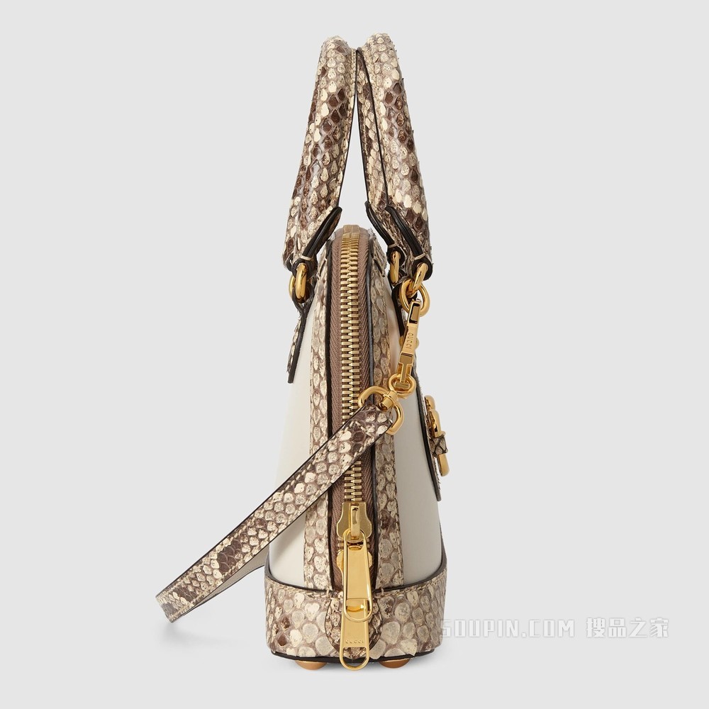 中国专享Gucci 马衔扣1955系列蟒蛇皮迷你手提包 白色皮革和天然色
