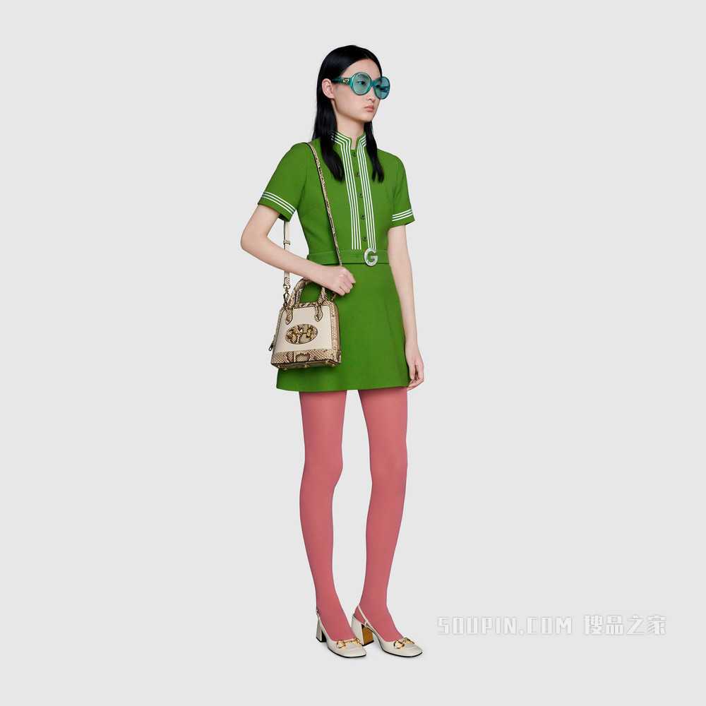 中国专享Gucci 马衔扣1955系列蟒蛇皮迷你手提包 白色皮革和天然色