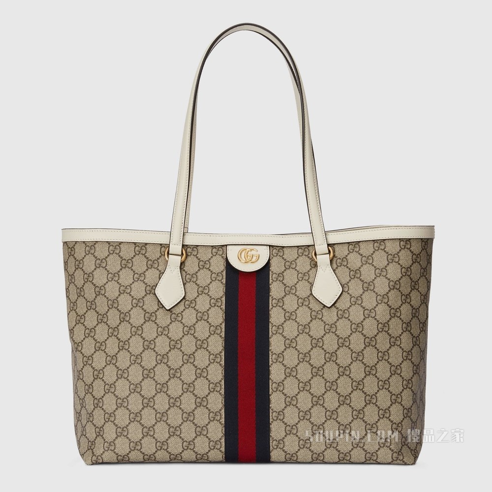 Ophidia系列织带中号托特包 米色和乌木色GG Supreme帆布