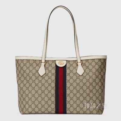 Ophidia系列织带中号托特包 米色和乌木色GG Supreme帆布