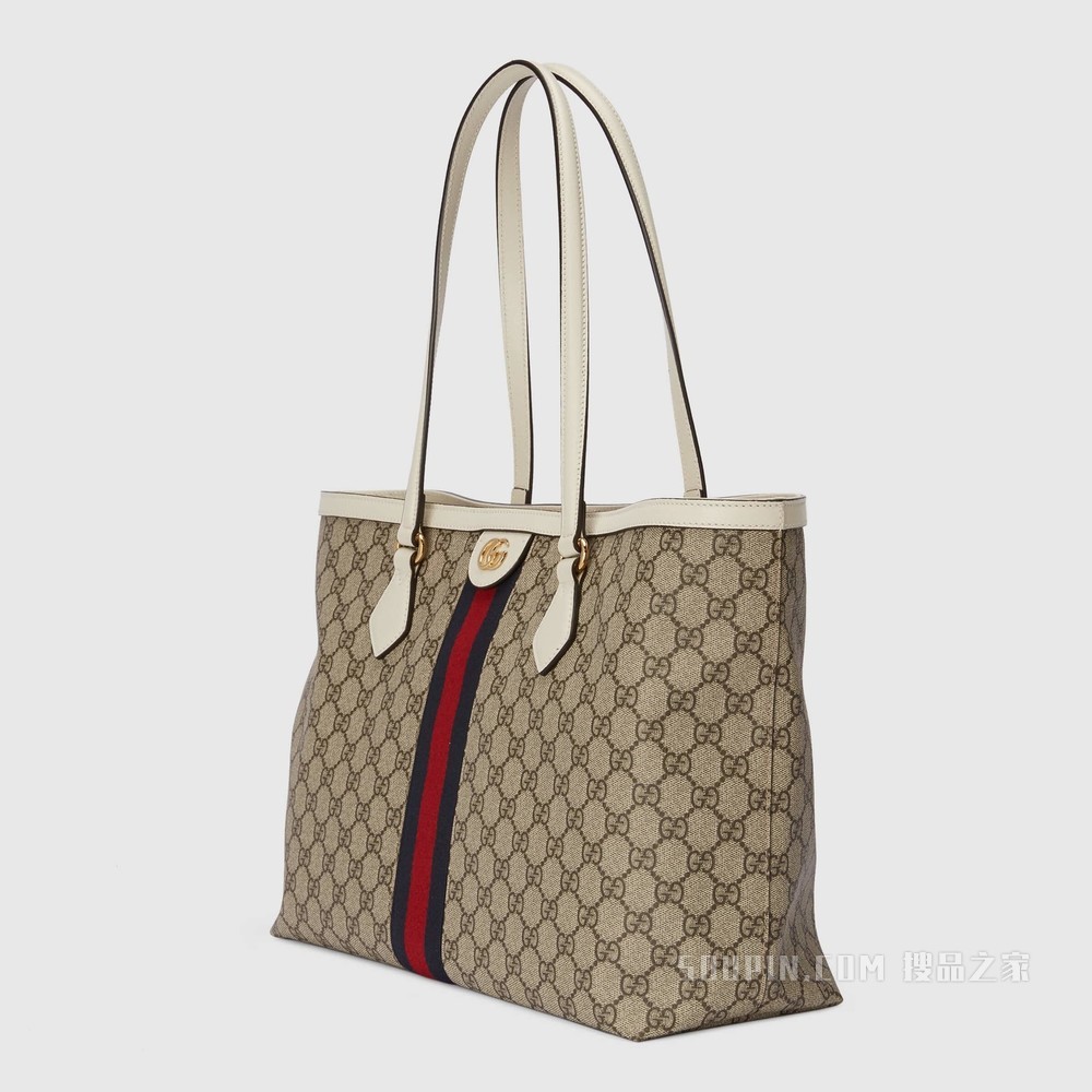 Ophidia系列织带中号托特包 米色和乌木色GG Supreme帆布