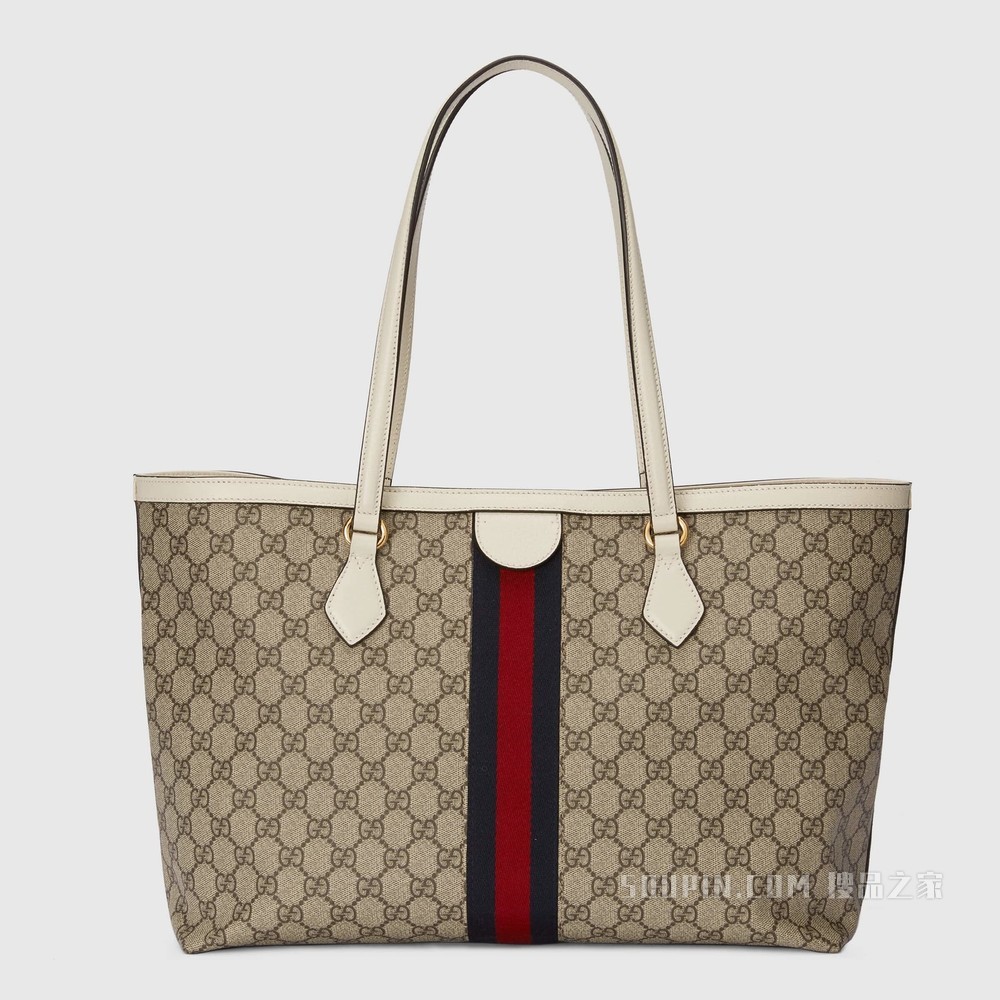 Ophidia系列织带中号托特包 米色和乌木色GG Supreme帆布