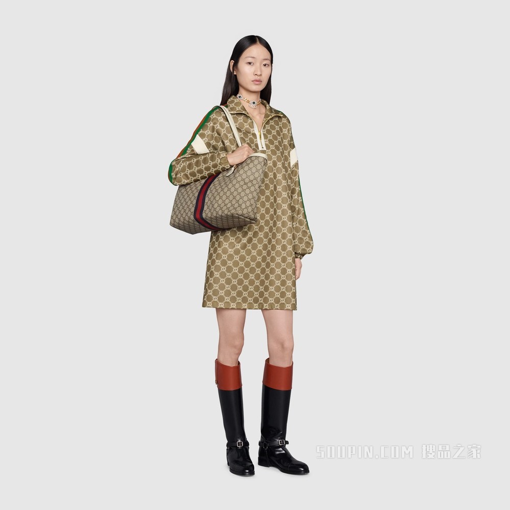 Ophidia系列织带中号托特包 米色和乌木色GG Supreme帆布