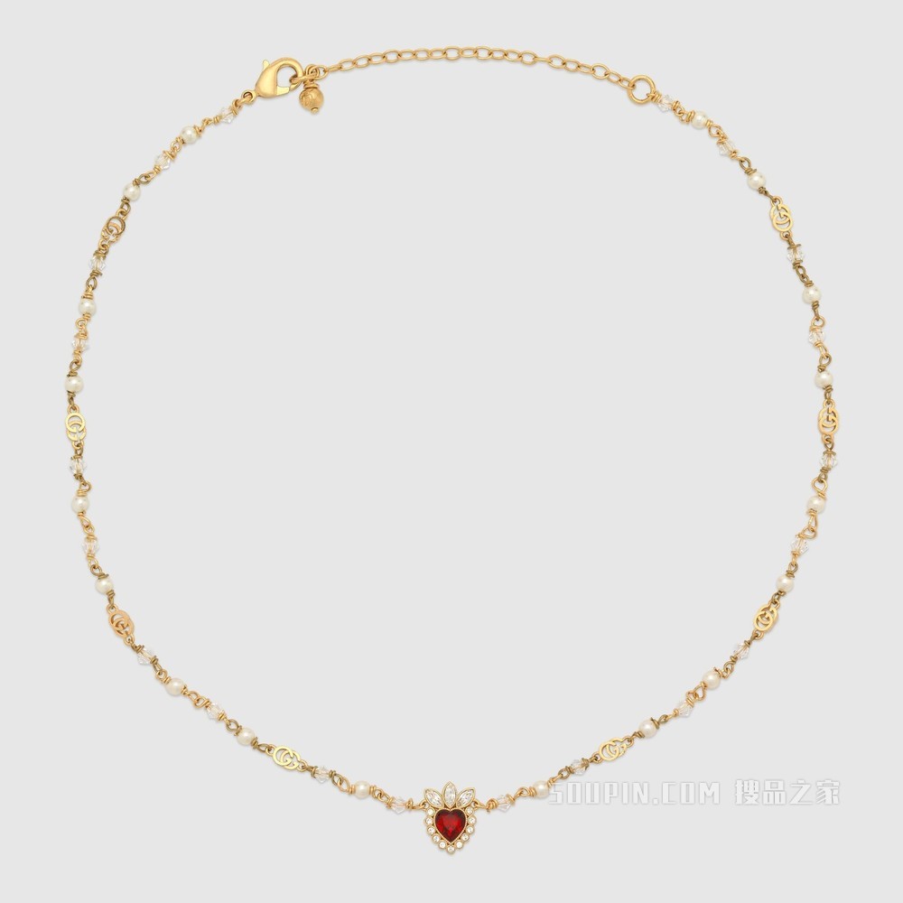 水晶爱心项链 金色金属