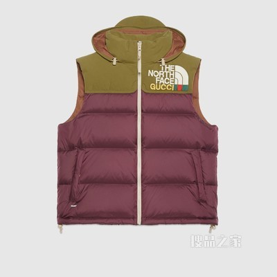 The North Face x Gucci联名系列羽绒马甲 酒红色和绿色
