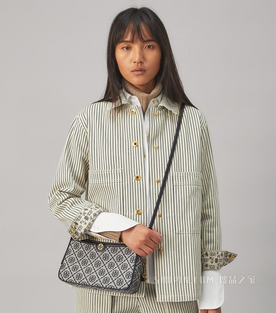 T Monogram 提花拉链肩背包 Tory 海军蓝