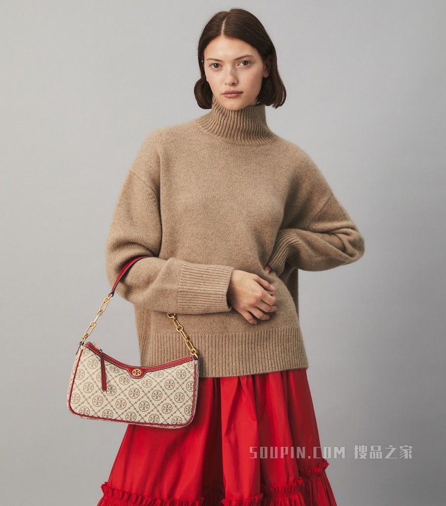 T Monogram Studio 提花肩背包 榛子棕/Tory 红