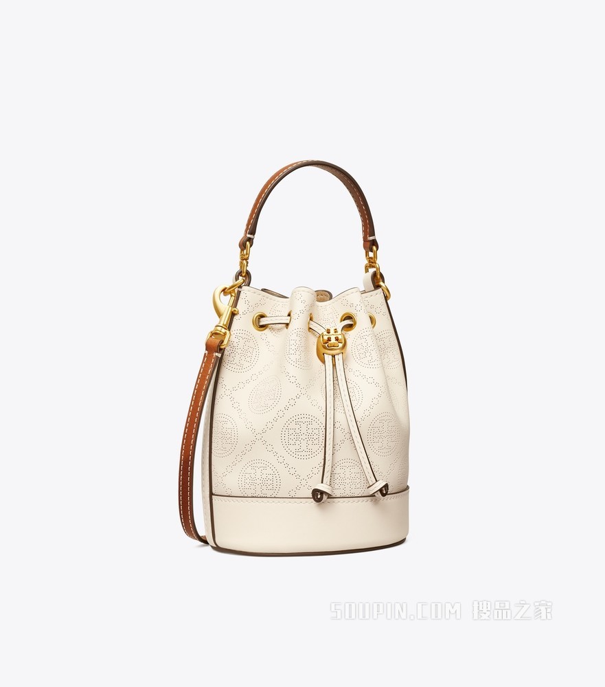 T Monogram 冲孔皮革迷你水桶包 象牙白