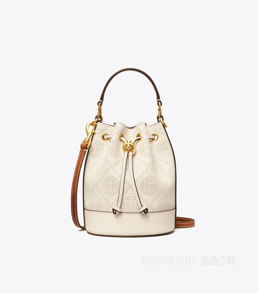 T Monogram 冲孔皮革迷你水桶包 象牙白
