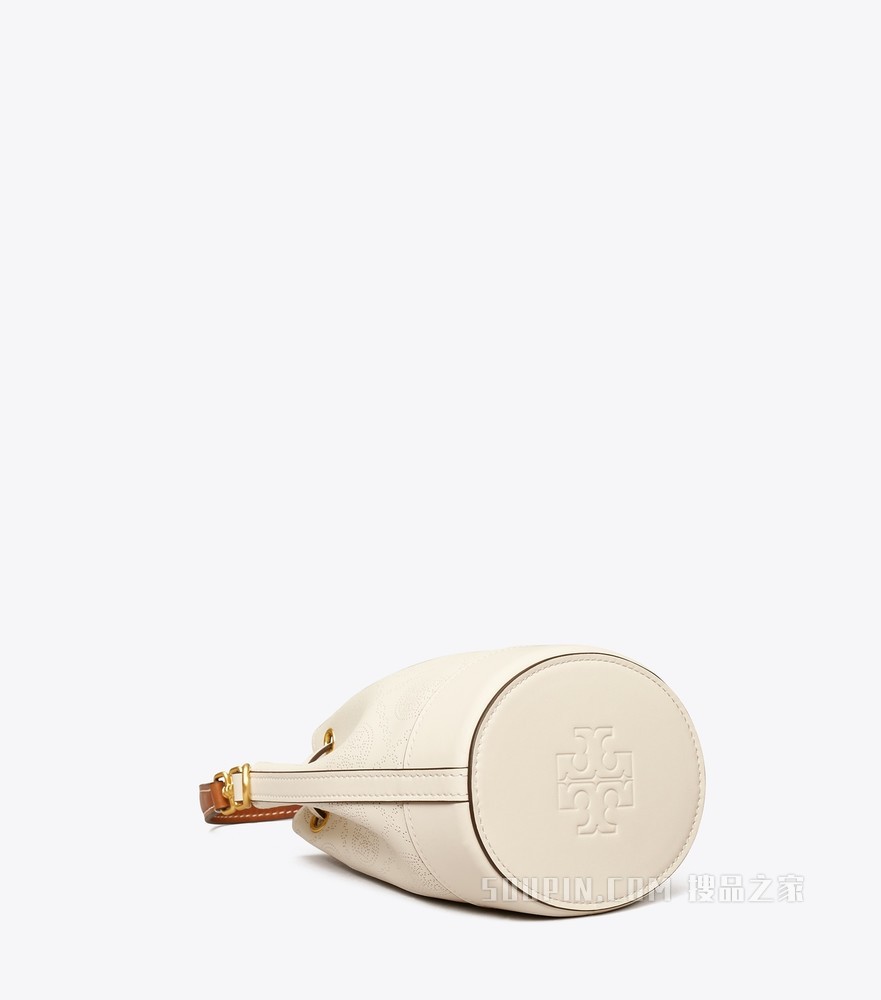 T Monogram 冲孔皮革迷你水桶包 象牙白